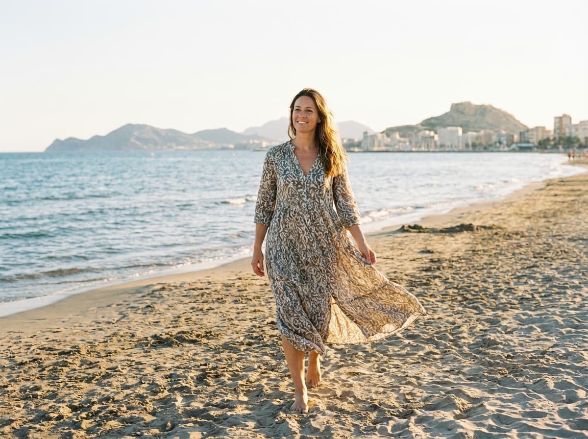 Mujer en la playa de Alicante con cuerpo tonificado tras operación bikini